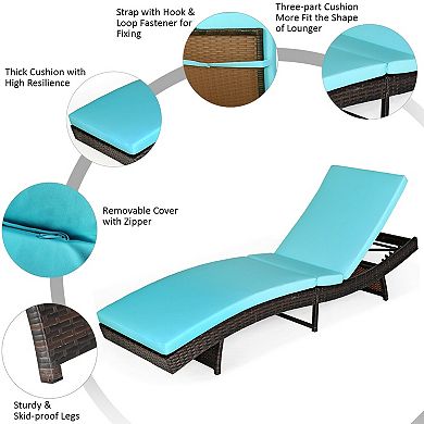 Folding Adjustable Rattan Chaise Lounge Chair with Cushion