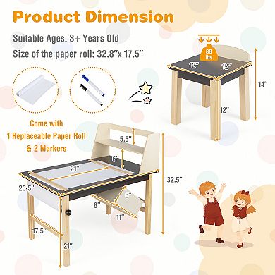 Kids Art Table and Chairs Set with Paper Roll and Storage Bins