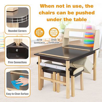 Kids Art Table and Chairs Set with Paper Roll and Storage Bins