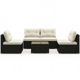5 pc Patio Furniture Set with Cushions and Tempered Glass Coffee Table