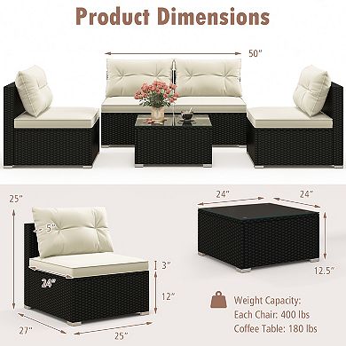 5 Piece Patio Furniture Set with Cushions and Tempered Glass Coffee Table