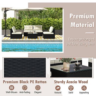 5 Piece Patio Furniture Set with Cushions and Tempered Glass Coffee Table