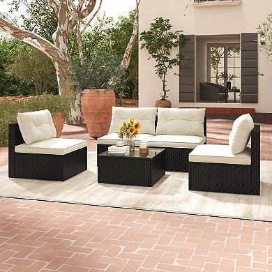 5 Piece Patio Furniture Set with Cushions and Tempered Glass Coffee Table