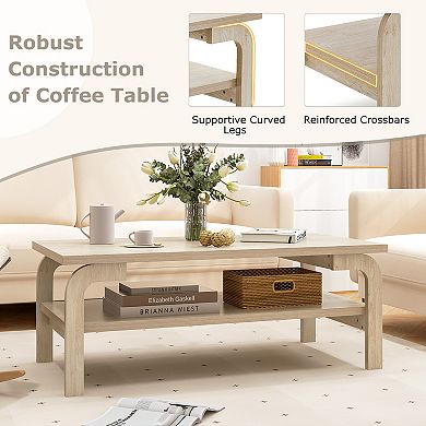 Mid Century Coffee Table with 2 Tier Storage Shelf for Living Room