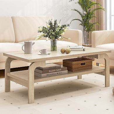 Mid Century Coffee Table with 2 Tier Storage Shelf for Living Room