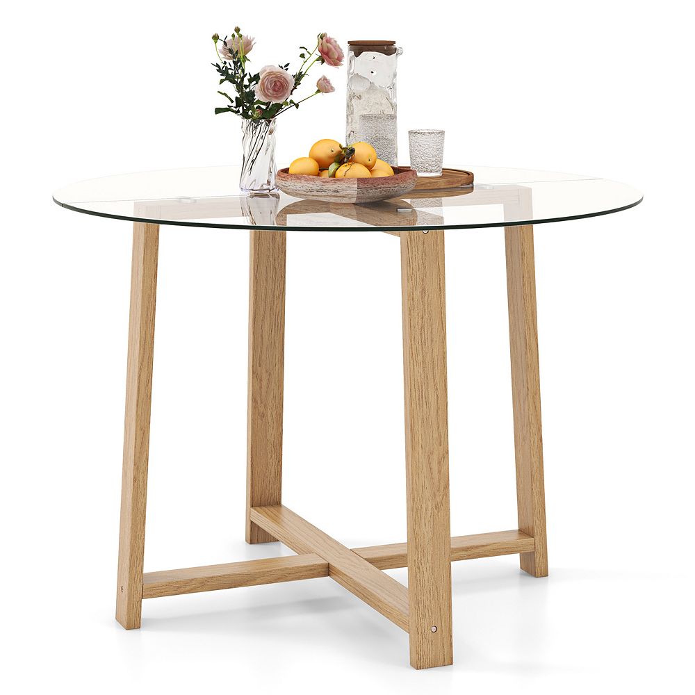 42 Inch Round Glass Dining Table with Tempered Glass Top and Wood Legs