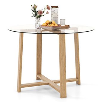 42 Inch Round Glass Dining Table with Tempered Glass Top and Wood Legs