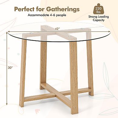 42 Inch Round Glass Dining Table with Tempered Glass Top and Wood Legs