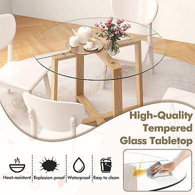 42 Inch Round Glass Dining Table with Tempered Glass Top and Wood Legs