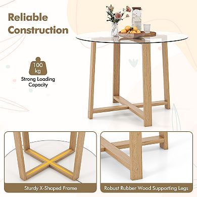 42 Inch Round Glass Dining Table with Tempered Glass Top and Wood Legs