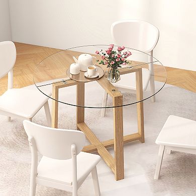 42 Inch Round Glass Dining Table with Tempered Glass Top and Wood Legs