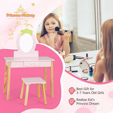 Kids Vanity Table and Stool Set with Removable Mirror and Drawer