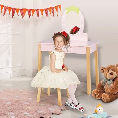 Kids Vanity Table and Stool Set with Removable Mirror and Drawer