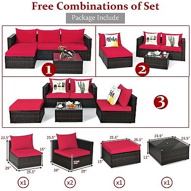 5 Piece Patio Rattan Sectional Furniture Set with Cushions and Coffee Table
