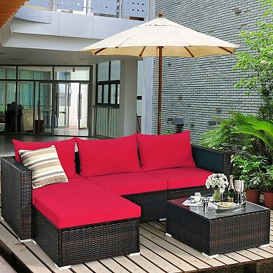 5 Piece Patio Rattan Sectional Furniture Set with Cushions and Coffee Table