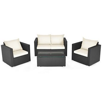 4 pc Patio Furniture Set with Cushions and Tempered Glass Table