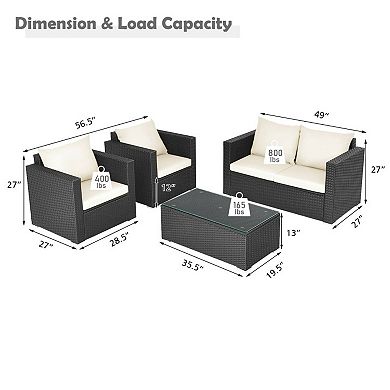 4 Piece Patio Furniture Set with Cushions and Tempered Glass Table