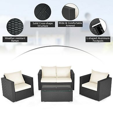 4 Piece Patio Furniture Set with Cushions and Tempered Glass Table
