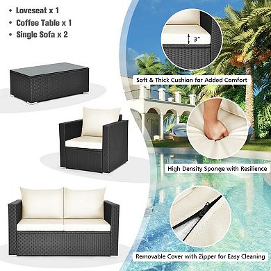 4 Piece Patio Furniture Set with Cushions and Tempered Glass Table