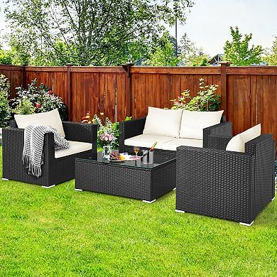 4 Piece Patio Furniture Set with Cushions and Tempered Glass Table