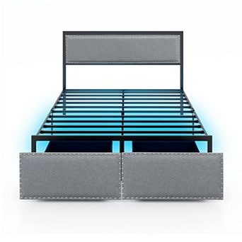 Full Size Bed Frame with LED Lights Storage Drawer and Metal Slats