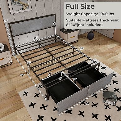 Full Size Bed Frame with LED Lights Storage Drawer and Metal Slats