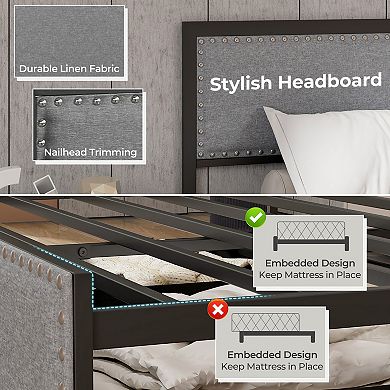 Full Size Bed Frame with LED Lights Storage Drawer and Metal Slats