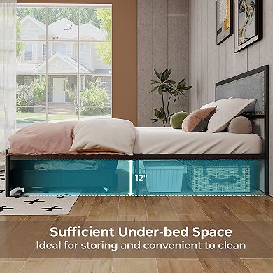 Full Size Bed Frame with LED Lights Storage Drawer and Metal Slats