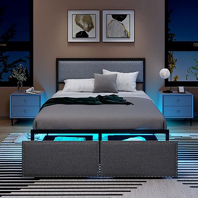 Full Size Bed Frame with LED Lights Storage Drawer and Metal Slats