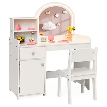 Kids Vanity Table and Chair Set with Lighted Mirror Storage Drawer Cabinet