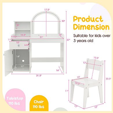 Kids Vanity Table and Chair Set with Lighted Mirror Storage Drawer Cabinet