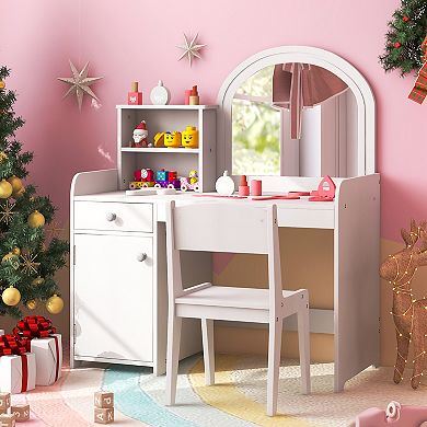 Kids Vanity Table and Chair Set with Lighted Mirror Storage Drawer Cabinet