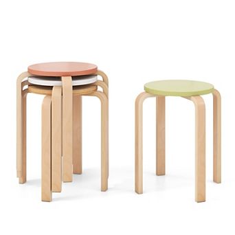 Stackable Dining Stools Set of 4 Round Wood Backless Seats