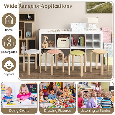 Stackable Dining Stools Set of 4 Round Wood Backless Seats