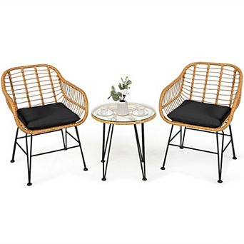3 pc Patio Furniture Set with Cushioned Chairs and Glass Table