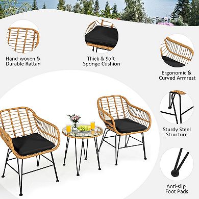 3 Piece Patio Furniture Set with Cushioned Chairs and Glass Table