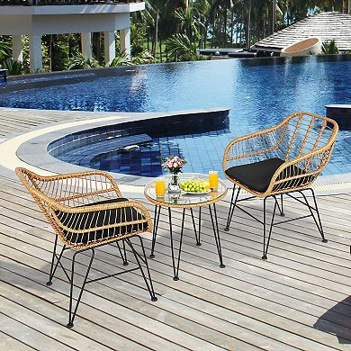 3 Piece Patio Furniture Set with Cushioned Chairs and Glass Table