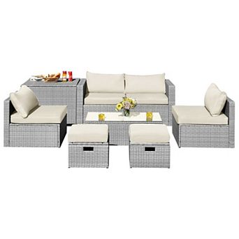 8 pc Patio Furniture Set with Storage Box and Waterproof Cover