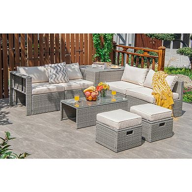 8 Piece Patio Furniture Set with Storage Box and Waterproof Cover