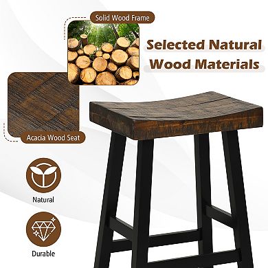 Solid Wood Bar Stools Set of 2 with Curved Saddle Seat and Footrests