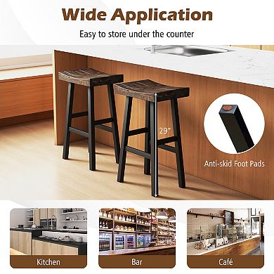 Solid Wood Bar Stools Set of 2 with Curved Saddle Seat and Footrests