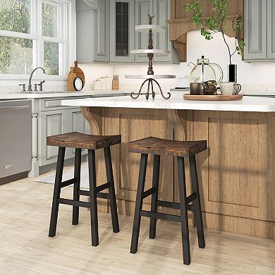 Solid Wood Bar Stools Set of 2 with Curved Saddle Seat and Footrests