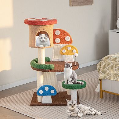 4 In 1 Cat Tree with Condo Mushroom Platforms and Sisal Posts