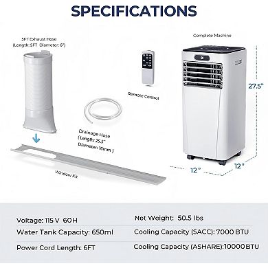 10000 BTU Portable Air Conditioner 4 In 1 Dehumidifier Fan For 350 Sq Ft