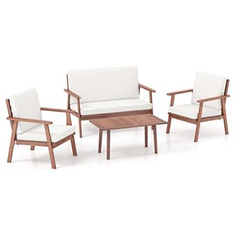 4 pc Acacia Wood Patio Conversation Set with Cushions and Coffee Table