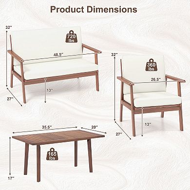 4 Piece Acacia Wood Patio Conversation Set with Cushions and Coffee Table