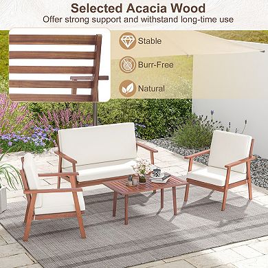 4 Piece Acacia Wood Patio Conversation Set with Cushions and Coffee Table