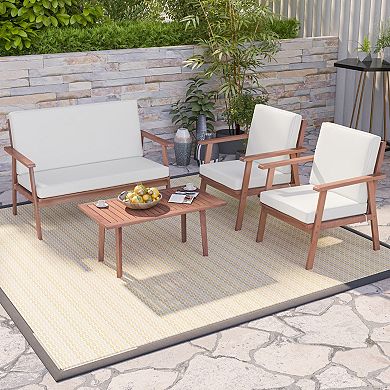 4 Piece Acacia Wood Patio Conversation Set with Cushions and Coffee Table