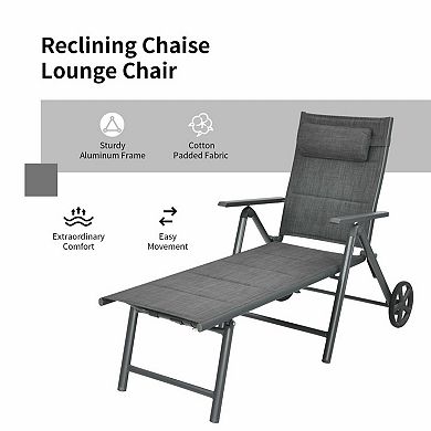 Patio Reclining Chaise Lounge Chair with 7 Position Backrest and Wheels