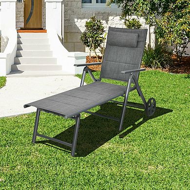 Patio Reclining Chaise Lounge Chair with 7 Position Backrest and Wheels
